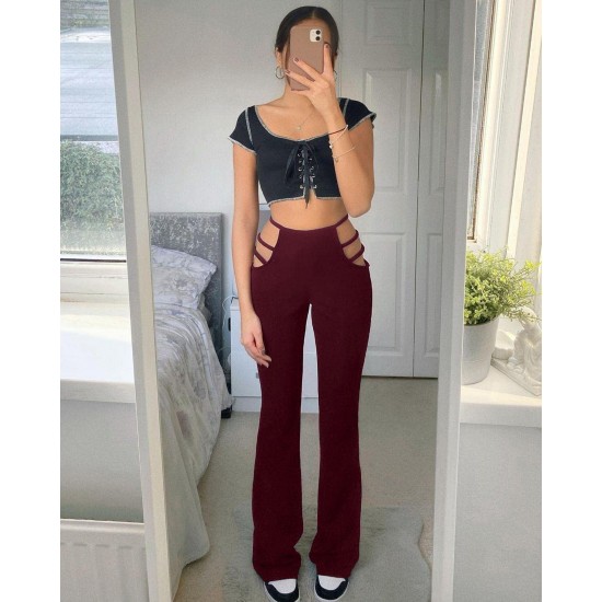 Women's Low Waist flared leggings Hollowed Out Ladder Bootcut Flare Pants punk style Stretch Yoga Pants Red