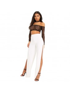 Women's High Waist straight Flared leggings Slit side Night show Sexy flare Casual Pants White