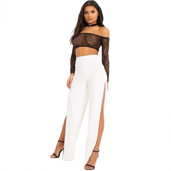 Women's High Waist straight Flared leggings Slit side Night show Sexy flare Casual Pants White