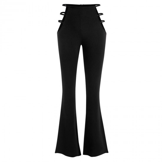 Women's Low Waist flared leggings Hollowed Out Ladder Bootcut Flare Pants punk style Stretch Yoga Pants Black