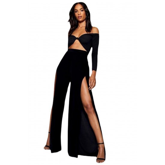 Women's High Waist straight Flared leggings Slit Side Night Show Sexy flare Casual Pants Black