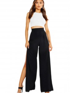 Women's High Waist straight Flared leggings Slit Side Night Show Sexy flare Casual Pants Black