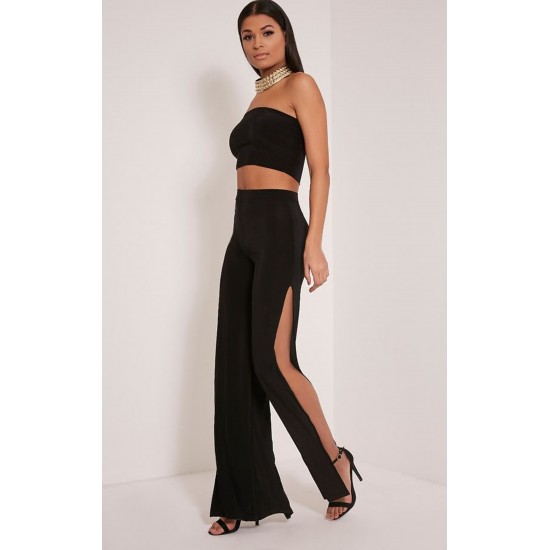 Women's High Waist straight Flared leggings Slit Side Night Show Sexy flare Casual Pants Black