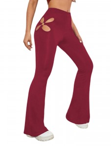 Women's High Waisted flared leggings Cut Out Stretchy Ladder Bootcut Yoga Pants Wine Red