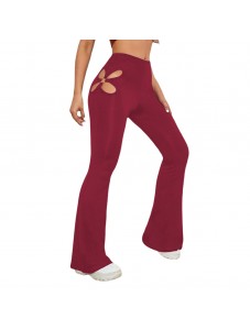 Women's High Waisted flared leggings Cut Out Stretchy Ladder Bootcut Yoga Pants Wine Red