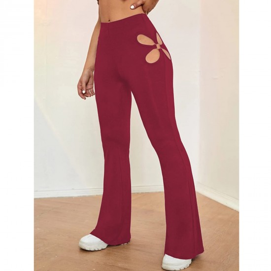 Women's High Waisted flared leggings Cut Out Stretchy Ladder Bootcut Yoga Pants Wine Red