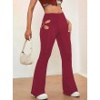 Women's High Waisted flared leggings Cut Out Stretchy Ladder Bootcut Yoga Pants Wine Red