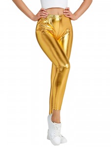 Women's Faux leather Metallic Stretch Leggings Shiny Hot Gold Pants Night Show Sexy Imitation tight Pants Gold