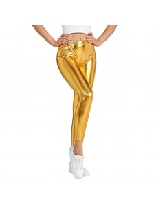 Women's Faux leather Metallic Stretch Leggings Shiny Hot Gold Pants Night Show Sexy Imitation tight Pants Gold