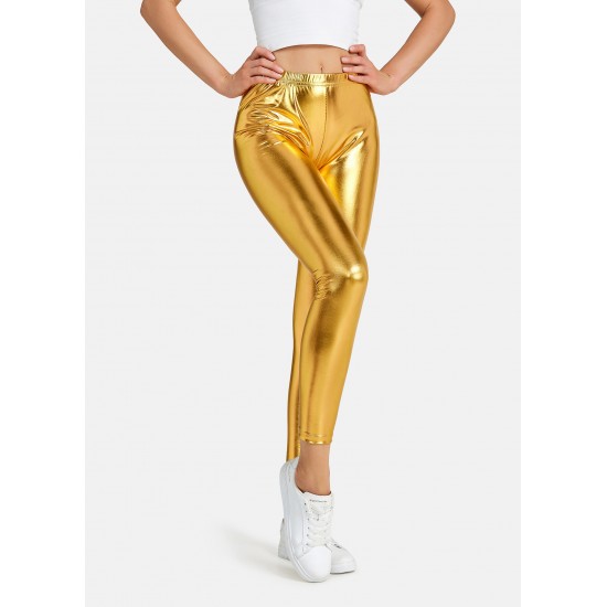 Women's Faux leather Metallic Stretch Leggings Shiny Hot Gold Pants Night Show Sexy Imitation tight Pants Gold