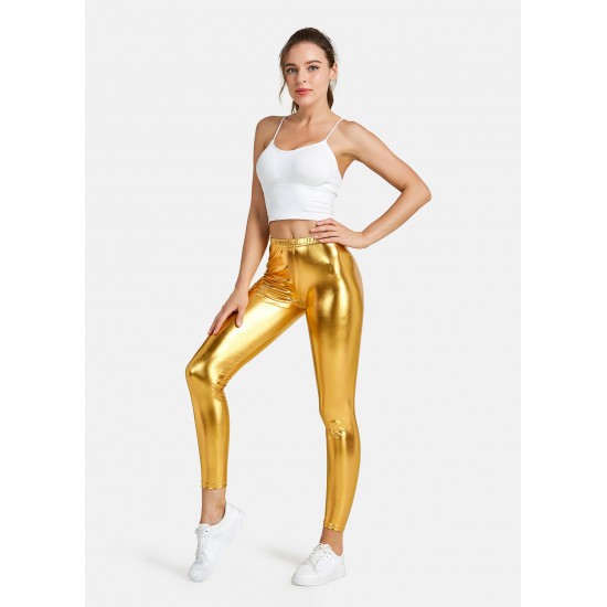 Women's Faux leather Metallic Stretch Leggings Shiny Hot Gold Pants Night Show Sexy Imitation tight Pants Gold