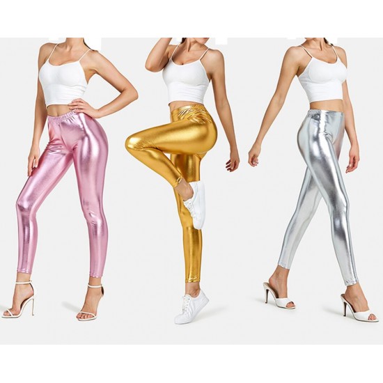 Women's Faux leather Metallic Stretch Leggings Shiny Hot Gold Pants Night Show Sexy Imitation tight Pants