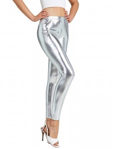 Women's Faux leather Metallic Stretch Leggings Hot Pants Night Show Sexy Imitation Shiny Pants Silver