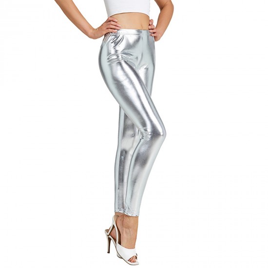 Women's Faux leather Metallic Stretch Leggings Hot Pants Night Show Sexy Imitation Shiny Pants Silver
