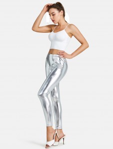 Women's Faux leather Metallic Stretch Leggings Hot Pants Night Show Sexy Imitation Shiny Pants Silver