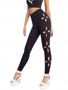 Women's High Waist Cut Out Leggings Side Clover Hollow Out Skinny Workout Running Pencil Pants Tummy Control