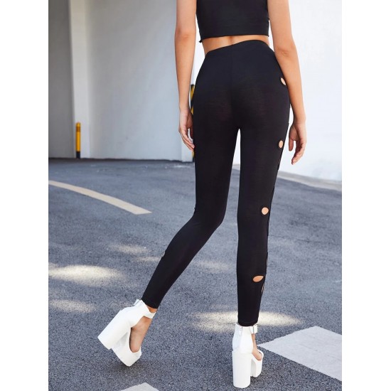 Women's High Waist Cut Out Leggings Side Clover Hollow Out Skinny Workout Running Pencil Pants Tummy Control