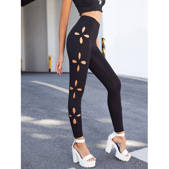 Women's High Waist Cut Out Leggings Side Clover Hollow Out Skinny Workout Running Pencil Pants Tummy Control