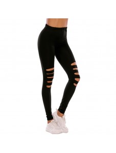 Women's High Waisted perforated leggings Cutout Ripped Tight Stretch Yoga Pants Black