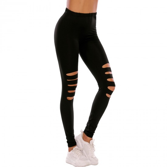Women's High Waisted perforated leggings Cutout Ripped Tight Stretch Yoga Pants Black