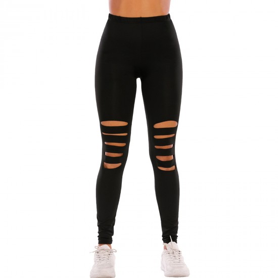 Women's High Waisted perforated leggings Cutout Ripped Tight Stretch Yoga Pants Black