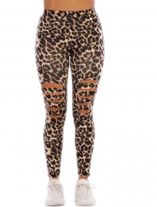 Women's High Waisted perforated leggings Cutout Ripped Leopard Print Tight Stretch Yoga Pants Coffee