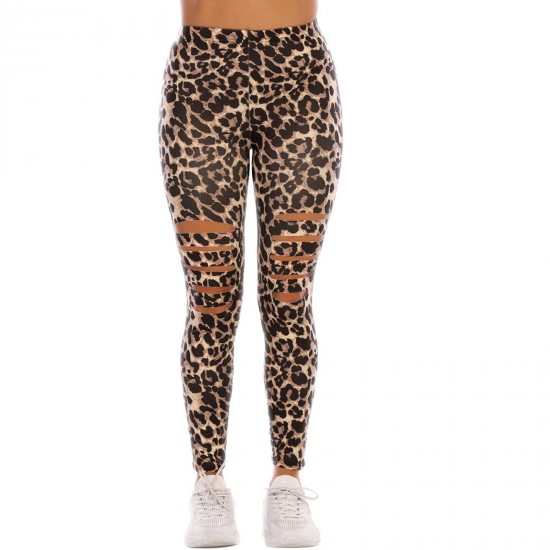 Women's High Waisted perforated leggings Cutout Ripped Leopard Print Tight Stretch Yoga Pants Coffee