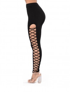 Women's High Waist perforated leggings Cutout Side Cross grasws Hollow Tight Casual Yoga Pants Black