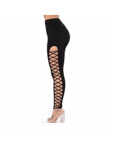 Women's High Waist perforated leggings Cutout Side Cross grasws Hollow Tight Casual Yoga Pants Black