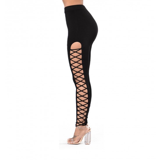Women's High Waist perforated leggings Cutout Side Cross grasws Hollow Tight Casual Yoga Pants Black