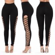 Women's High Waist perforated leggings Cutout Side Cross grasws Hollow Tight Casual Yoga Pants Black