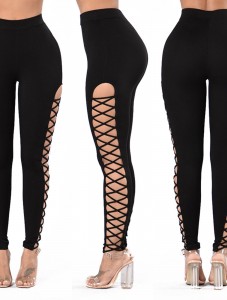 Women's High Waist perforated leggings Cutout Side Cross grasws Hollow Tight Casual Yoga Pants Black