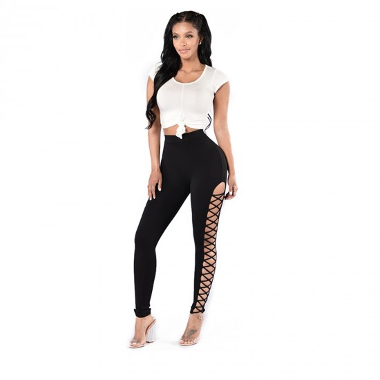 Women's High Waist perforated leggings Cutout Side Cross grasws Hollow Tight Casual Yoga Pants Black