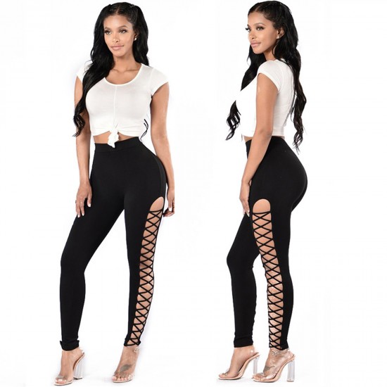 Women's High Waist perforated leggings Cutout Side Cross grasws Hollow Tight Casual Yoga Pants Black