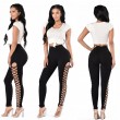 Women's High Waist perforated leggings Cutout Side Cross grasws Hollow Tight Casual Yoga Pants Black