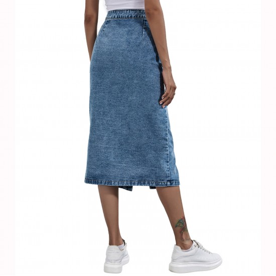 Women's High Waisted flared denim half length Skirts Single breasted Slit out Sexy shinny Slim Long skirts