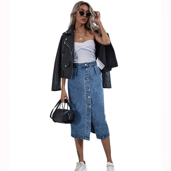 Women's High Waisted flared denim half length Skirts Single breasted Slit out Sexy shinny Slim Long skirts