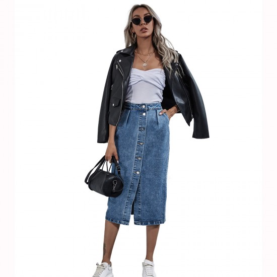 Women's High Waisted flared denim half length Skirts Single breasted Slit out Sexy shinny Slim Long skirts