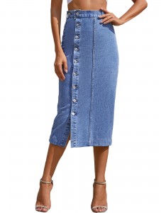 Women's High Waisted Irregular Split Button Denim Half Length Skirt Solid Casual Pencil Skirts