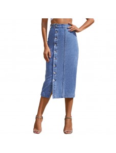 Women's High Waisted Irregular Split Button Denim Half Length Skirt Solid Casual Pencil Skirts