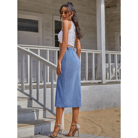 Women's High Waisted Irregular Split Button Denim Half Length Skirt Solid Casual Pencil Skirts