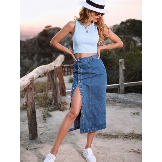 Women's High Waisted Irregular Split Button Denim Half Length Skirt Solid Casual Pencil Skirts