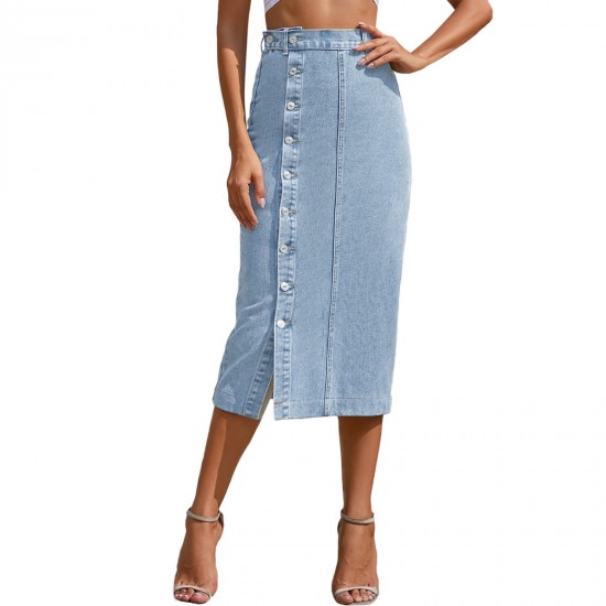 Women's High Waisted Irregular Split Button Denim Half Length Skirt Solid Casual Pencil Skirts