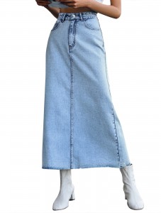 Wommen's High Waisted Denim Length Skirts Slim Flared A-line Versatile Casual Solid Long Skirts Blue