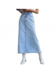 Wommen's High Waisted Denim Length Skirts Slim Flared A-line Versatile Casual Solid Long Skirts Blue