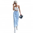 Wommen's High Waisted Denim Length Skirts Slim Flared A-line Versatile Casual Solid Long Skirts Blue