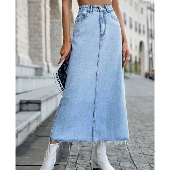 Wommen's High Waisted Denim Length Skirts Slim Flared A-line Versatile Casual Solid Long Skirts Blue