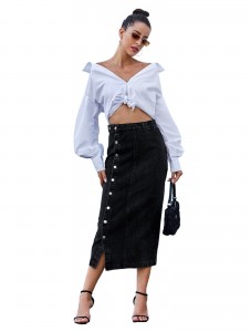 Women's High Waisted Split Button Denim Length Skirts Flared Solid Long Casual Pencil Skirts Black