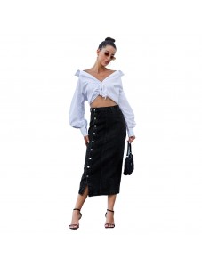 Women's High Waisted Split Button Denim Length Skirts Flared Solid Long Casual Pencil Skirts Black