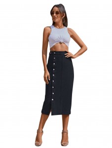 Women's High Waisted Split Button Denim Length Skirts Flared Solid Long Casual Pencil Skirts Black